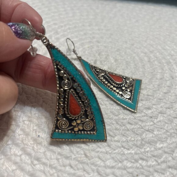 Tribal TURQUOISE & RED CORAL Handmade Sterling 925 Dangle Earrings #205D - Picture 3 of 3